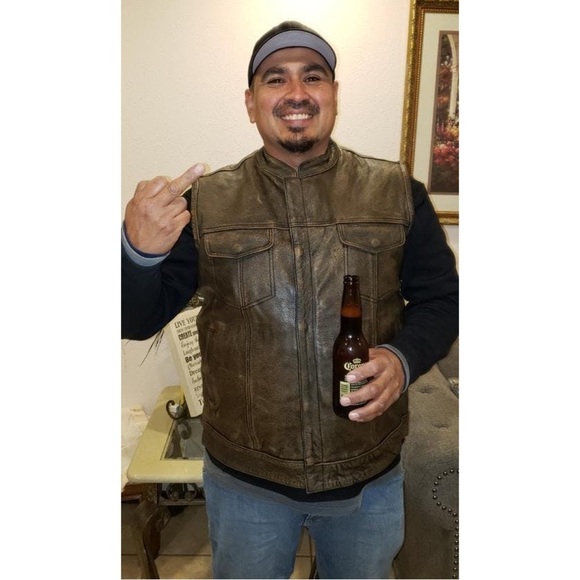 HIGH MILEAGE • Men’s Premium Cowhide Brown SOA Biker Leather Motorcycle Vest - Picture 2 of 12